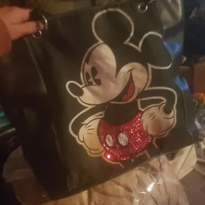 Disney Mickey Mouse 16x12  Black  Tote Hand Bag Sequins Zipper Pockets In • $8