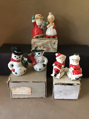 $69 • Buy 3 Sets Vtg Christmas Porcelain Salt & Pepper Shakers Mr Mrs Claus Snowman Boxes
