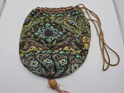 Vintage Micro Beaded Reticule Drawstring Purse Art Deco Design • $55