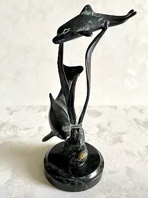 SPI San Pacific Intl Bronze Patina Dolphin W/Calf On Marble Base Sculpture • $24.99