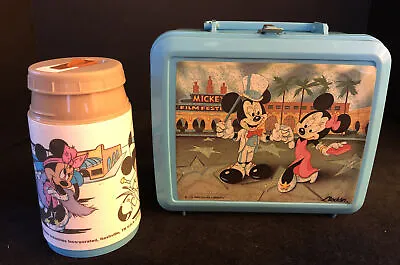 Vintage Hollywood Mickey Minnie Mouse Lunchbox And Thermos Blue 1980s • $5