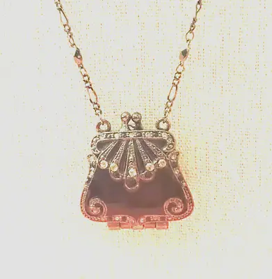 Vtg Locket Purse Necklace With Rhinestones & Black Enamel Magnetic Clasp. • $28