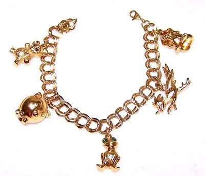 VINTAGE Gold Tone MONET Charm BRACELET Pig DOG Frog TEDDY BEAR Roadrunner • $32.26