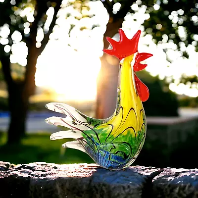 Murano Style Vibrant Colorful Art Glass Sculpture ROOSTER Chicken 8  Thick Heavy • $29.99