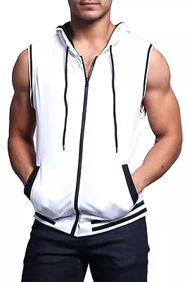 MEN'S Lightweight Sleeveless Gym Fitness Zipper Contrast Vest Hoodie Th890-A1H • $24.95