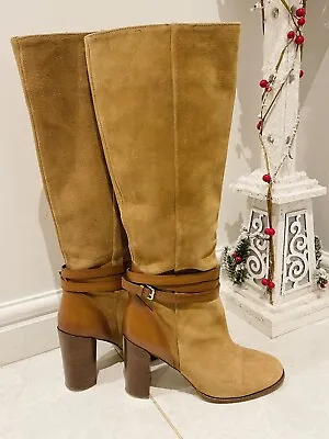 Massimo Dutti Designer Knee Length Tan Camel Boots Full Real Leather Size UK 4 • £29