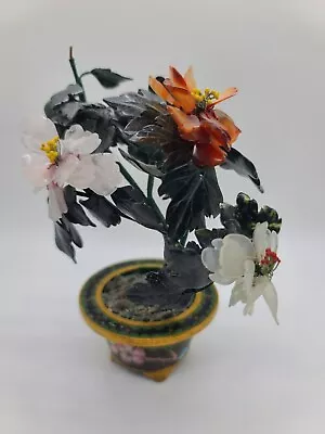 Vintage Chinese Jade Tree W/ Yellow Rose &Cloisonne Bonsai Pot Plant Asian Glass • $23.04