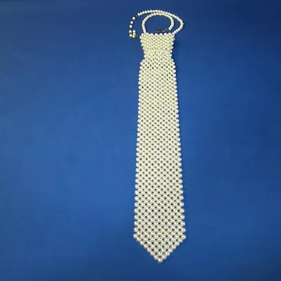 Beaded Faux Pearl Necktie Necklace White 13  Long X 2  Wide Vintage Unbranded • $10