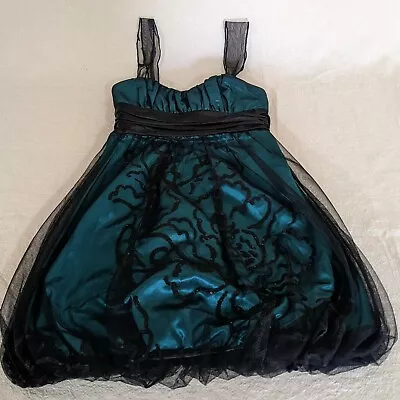 Y2K Prom Formal Dress Sz 3 Teal Green Black Lace Sequin Overlay Satin Bubble Hem • $29.99