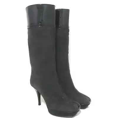 Yves Saint Laurent Tribute Platform Boots Gray Suede & Black Patent Size 38.5 • $419.83