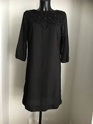 WOMENS DRESS MARKS AND SPENCER UK 12 Black Long Sleeve Swing Shift Beaded • £15.95