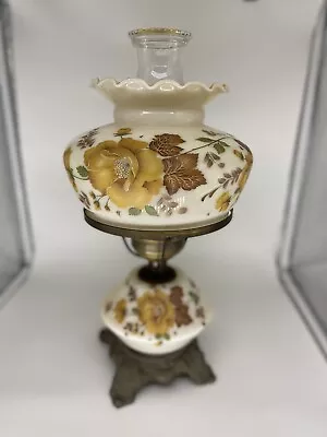 Vintage Hurricane Lamp W/Hand-Painted Yellow/Brown Floral Glass For Decor • $28