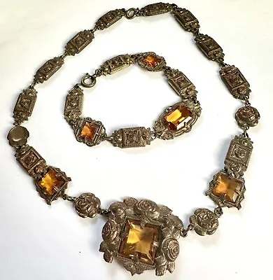 VTG Czech Amber Glass Set Necklace Bracelet Roses Flowers Victorian Revival • $134.99