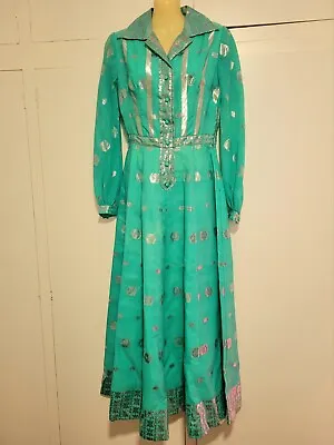 Vintage Retro Mint Green Metallic Maxi Dress Indian Inspired  Costume XS/8 • $29