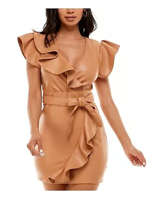 BEBE Womens Brown Flutter Sleeve Short Party Faux Wrap Dress Juniors M • $16.99