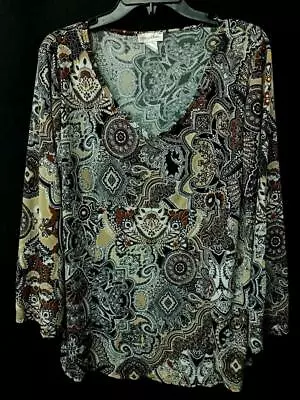 Monroe & Main Brown Paisley Print V Neck Spandex Stretch 3/4 Sleeve Top XL • $13.99