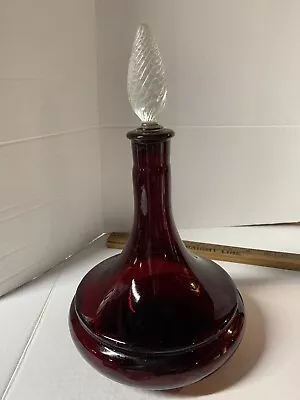 Vintage Red Glass Decanter With Clear Swirl Stopper • $40