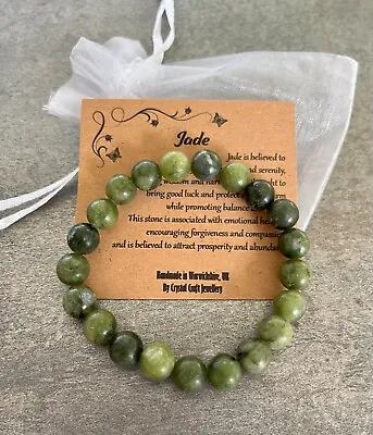 JADE Bracelet Stretch Fit Handmade With Gift Bag & Card Crystal Gemstone 8mm • £6.95