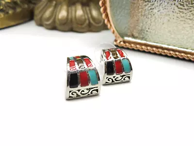 Retro Signed EXP Multi-Color Enamel Silver Tone Half Hoop Earrings D73 • $13.59