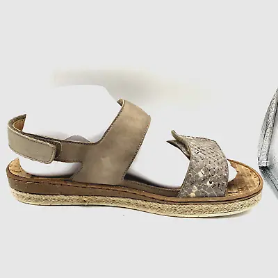 Mephisto Mobils PYthon Sandals 39 Metallic Taupe Gold Print Leather Wedge Heel • $41.26