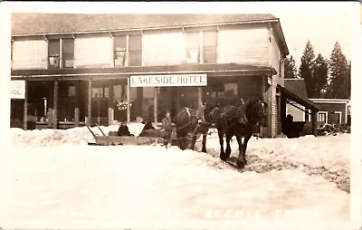 McCALL IDAHO - LAKESIDE HOTEL - HORSE-DRAWN SLED - OLD REAL PHOTO POSTCARD • $11.50