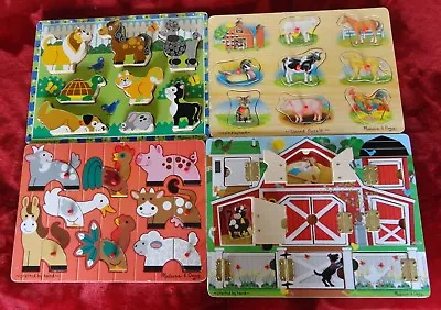 4 Melissa And Doug Wood Puzzle Lot Farm Animals Sound Hide & Seek Chunky Peg Pet • $59.99