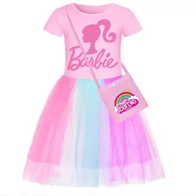 Girls Kids Barbie Rainbow Tutu Mesh Tulle Princess Dress With Bag Party Summer • £12.16