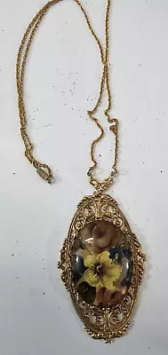 Vintage 1928 Gold Tone Filigree Floral Pendant Necklace • $15