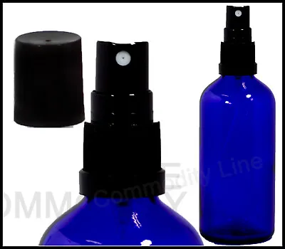 100ml Blue Glass Bottles With Traditional Black Fine Mist Sprays / Atomizer • £24.99
