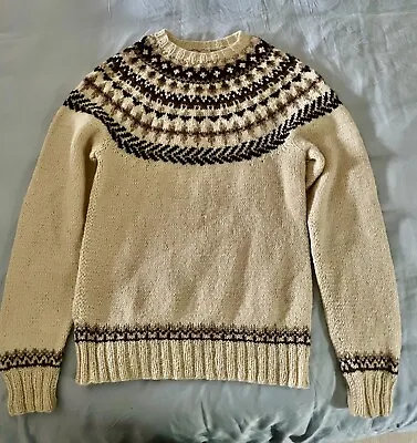 Icelandic Lopi Jumper Cream & Brown Unisex Large  Soft Wool Handknit VGC • £64