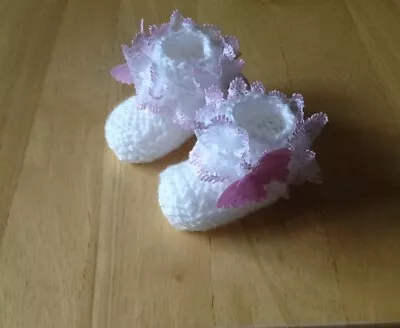 Baby Girls New Hand Knitted Booties Newborn White /pink & White Lace & Butterfly • £3