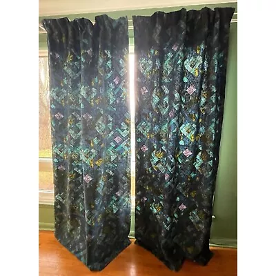 Vintage 1970s Pleated Curtain Blue Green Pink Geometric 2 Sizes Per Panel • $180