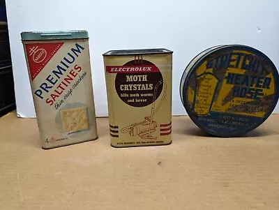 Vintage Advertising Tins Lot 3 Big Tins Mothballs Crackers Heater Hose  • $13.95