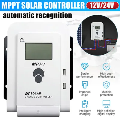 MPPT Solar Panel Regulator Battery Charge Controller LCD Auto Dual USB 12V/24V • £30.99