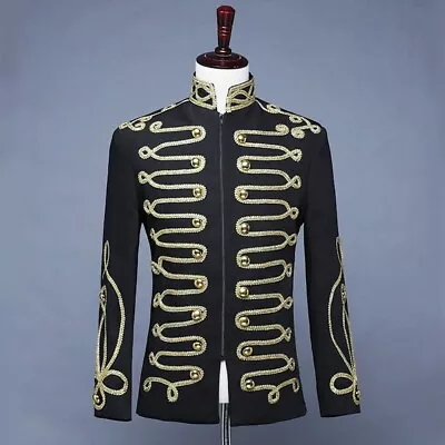 Mens Slim Fit Military Hussar Suit Jacket Zip Up Tunic Blazer Drummer Outfit Top • $70.29