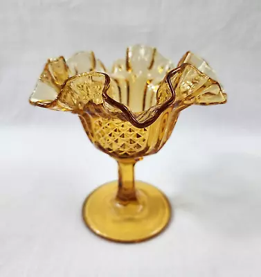 Fenton Amber Glass Vintage Dish With Ruffled Edge Hobnail Compote Pedestal • $18