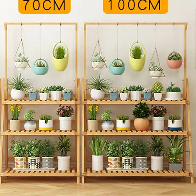 £26.92 • Buy Garden Yard Bamboo Plant Stand Folding 3 Tier Hanging Multi Flower Display Shelf