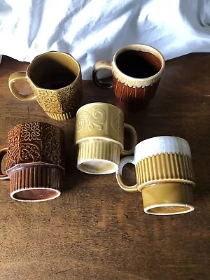 Bulk 5 Drip Glaze Mugs Cups Stackable Vintage Retro Brown Mixed 70s Japan 80s • $52.25