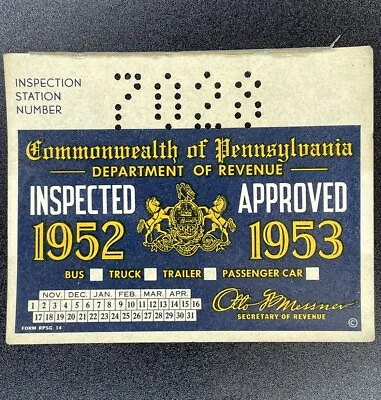 1952-1953 Pennsylvania Inspection Sticker Pa Vtg Car Truck UNISSUED Antique Ford • $38.55
