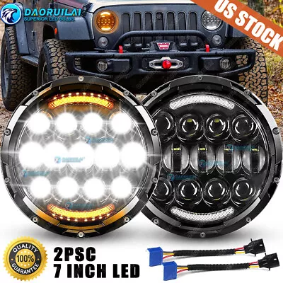 2X 7  Inch Round LED Halo Headlight Hi/Lo DRL Beam For Jeep Wrangler JK LJ TJ CJ • $45.89