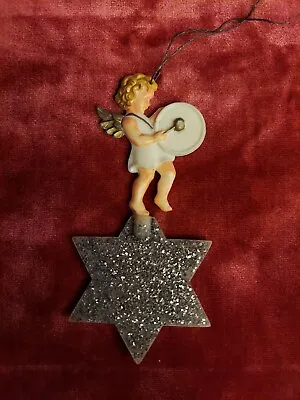 ANTIQUE Germany CELLULOID Angel-on-Star CHRISTMAS ORNAMENT + Mica PRE-WAR German • $22