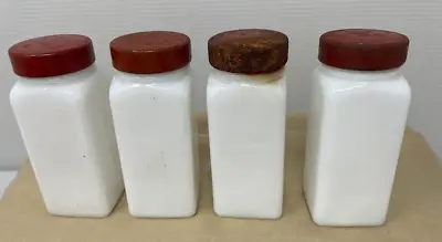 Vintage 1940s Lot Of 4 Griffith Milk Glass Spice Jars Bottles Red Lids 3.5  Tall • $19.99