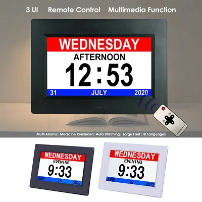 Digital Day Calendar Alarm Clock- 8 Alarms Dementia Clock White/Black 8 Alarms • £34.99