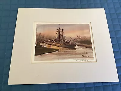 MARY ELLEN GOLDEN Signed Framed Watercolor Print:USS North Carolina. 12”X10” • $19