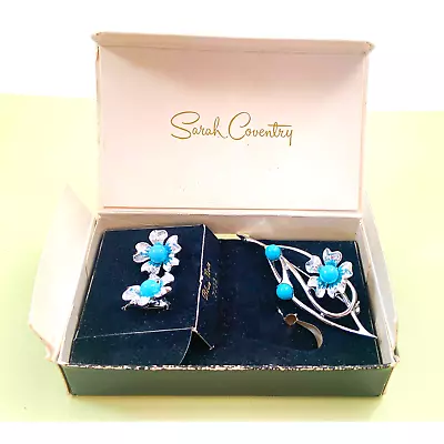 Sarah Coventry Blue Note Clip-on Earrings & Brooch Set - In Original Box - 1967 • $40