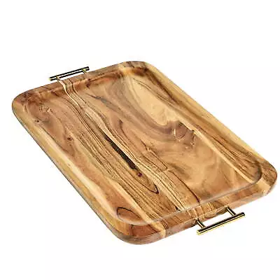  Acacia Wood Rectangle Tray With Gold Color Handles One Size • $19.94