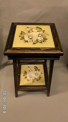 2695M Vtg 20  Wood Plant Stand Occasional End Table W/Made In Italy Tiles Floral • $48.55
