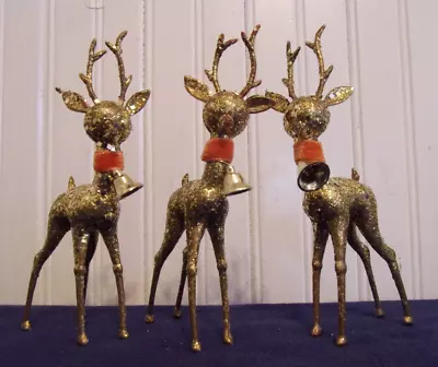 3 Vintage Reindeer Deer /w Bell Gold Glitter Plastic 6” Christmas Figure • $45