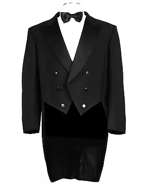 60's Mohair & Wool 44R Tailcoat VTG Peak Lapel Black Double Breasted • $275