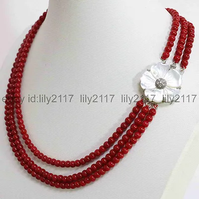 Fine 3 Rows Red Coral 8mm Round Beads White Mother Shell Flower Clasp Necklace • $10.79